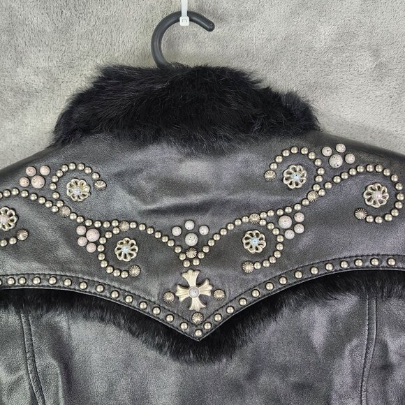 Womens Black Cripple Creek Studded Leather Jacket w/ Faux Fur Full Zip Size L - Picture 11 of 13